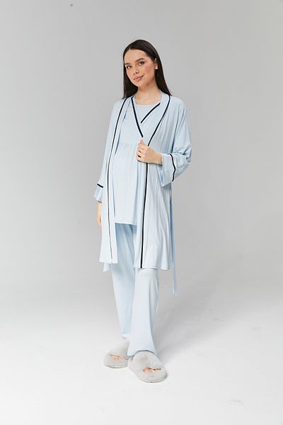 Lohussa Set de pijamale de vară pentru femei cu design special albastru - 100% bumbac, set de 3, halat de maternitate și de maternitate