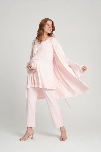 Lohussa Special Design Women's Powder Summer Pajamas Set - 100% Cotton, 3-piece Set, Maternity and Maternity Morning Gowns