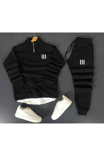 NewCabin Μαύρο βαμβακερό Sweat-Βαμβακερό Σετ Φούτερ - Μισό φερμουάρ, Σετ 2