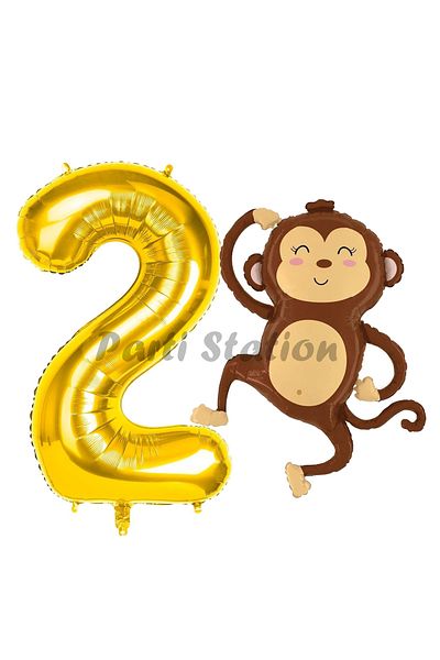 Parti Station 2 Year Old Safari Monkey Balloon Set - Cute and Gold Colored Number Balloon