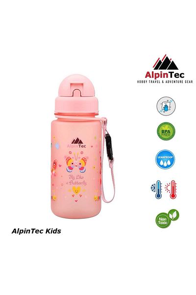 AlpinTec Pink Butterfly Patterned Tritan Children's Water Bottle - with Straw, 400 ml