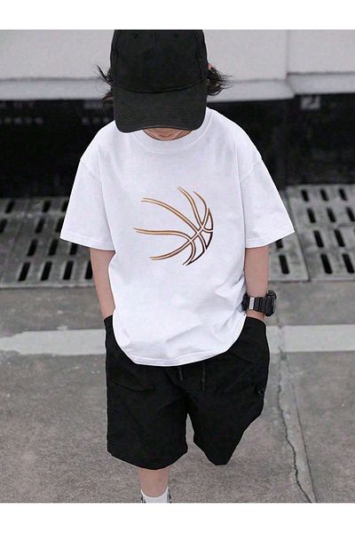 PALPİTO Boy's WhiTe BaskeTball Ball - PrinTed T-Shirt & Shorts SeT