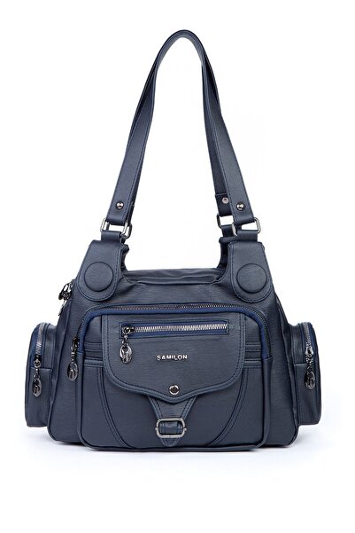 samilon Kadın Lacivert Yıkama Deri Çok Gözlü Omuz Ve Kol Çantası