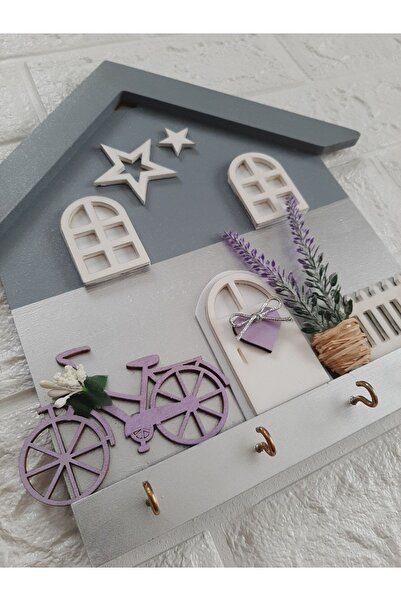 EL YAPIMI Doğum Günü Hediyesi 27 X 27 Gümüş Gri Lavantalı Mor Bisikletli Ahşap Duvar Dekor Anahtarlık Askısı
