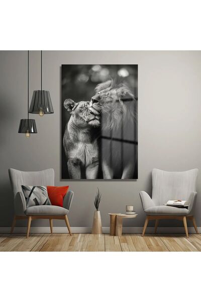 TAULART Mutlu Sevgili Aslan Ailesi Cam Tablo, Ev Ve Ofis Hediyesi Yüksek Çözünürlüklü 4mm Cam Tablo