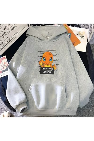 MODARİCH Γκρι φούτερ Charmander με κουκούλα Oversize - Σχέδιο τυπωμένο