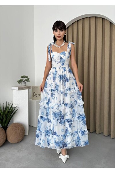 Julidress Rochie premium cu imprimeu floral din șifon albastru - cu detaliu cu volane și căptușeală