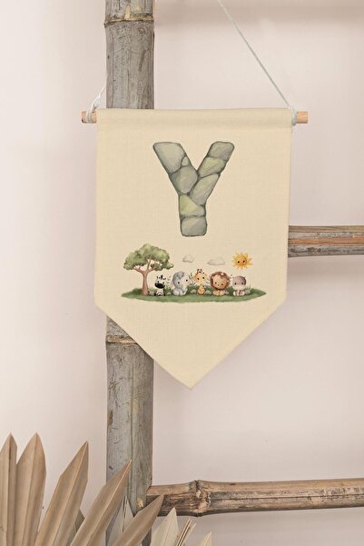 Postifull Kids Room Decor, Wall Ornament, Wooden Baby Room Decor, Canvas Pennant, Safari and Animal Letter Y