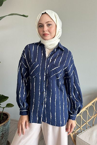 InStyle Casual Navy Blue Batik Shirt - Stripe Detailed