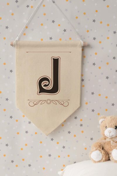 Postifull Kids Room Decor, Wall Ornament, Wooden Baby Room Decor, Canvas Pennant, Brown Letter J