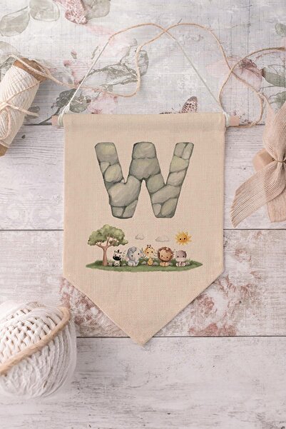Postifull Kids Room Decor, Wall Ornament, Wooden Baby Room Decor, Canvas Pennant, Safari and Animal Letter W