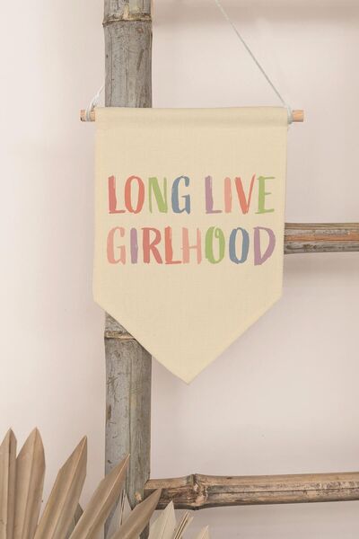 Postifull Decor pentru camera copiilor, ornament de perete, decor din lemn pentru camera bebelusului, streamer din panza, Long Live Girlhood - colorat