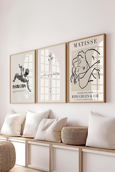 Postifull Bej Modern Tablo Seti, 3 Adet Ahşap Çerçeve ve Poster, Motivasyon ve Matisse Duvar Dekoru