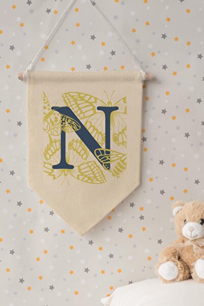 Postifull Kids Room Decor, Wall Ornament, Wooden Baby Room Decor, Canvas Pennant, Navy Blue and Yellow Floral Pattern