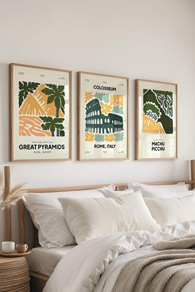 Postifull Set de pictură verde Minimaslit, 3 bucăți cadru din lemn și poster de vizitare a obiectivelor turistice - dormitor, sufragerie, decor bucătărie