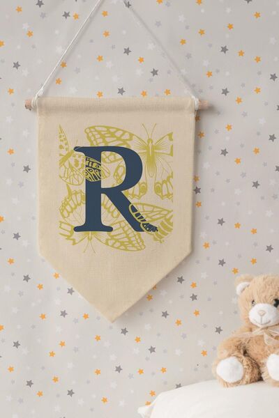 Postifull Kids Room Decor, Wall Ornament, Wooden Baby Room Decor, Canvas Pennant, Navy Blue and Yellow Floral Pattern