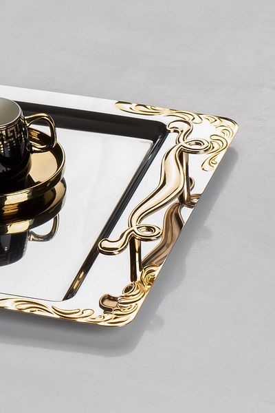 Nehir Lalezar Gold 2-Piece Stainless Steel Serving Tray - Tea and Coffee
