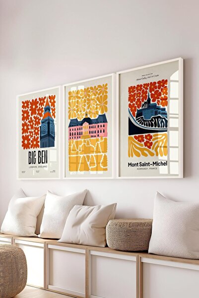 Postifull Renkli Minimaslit Tablo Seti, 3 Adet Beyaz Çerçeve ve Gezi Poster - Yatak Odası, Salon, Mutfak Dekor