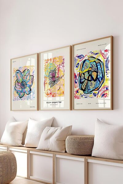 Postifull Renkli Minimalist Tablo Seti, 3 Adet Ahşap Çerçeve ve Poster - Yatak Odası, Salon, Mutfak Dekoru