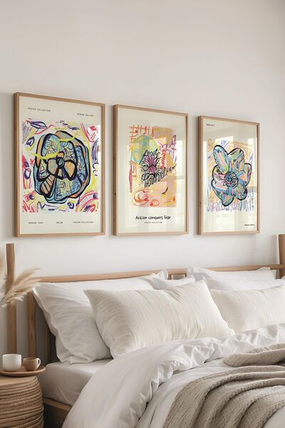 Postifull Renkli Minimalist Tablo Seti, 3 Adet Ahşap Çerçeve ve Poster - Yatak Odası, Salon, Mutfak Dekoru