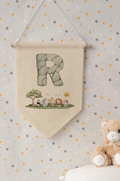 Postifull Kids Room Decor, Wall Ornament, Wooden Baby Room Decor, Canvas Pennant, Safari and Animal Letter R