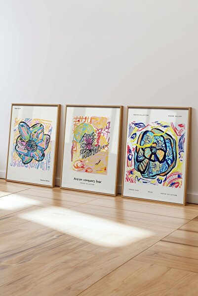 Postifull Renkli Minimalist Tablo Seti, 3 Adet Ahşap Çerçeve ve Poster - Yatak Odası, Salon, Mutfak Dekoru