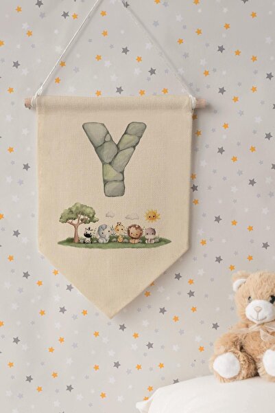 Postifull Kids Room Decor, Wall Ornament, Wooden Baby Room Decor, Canvas Pennant, Safari and Animal Letter Y