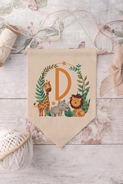 Postifull Kids Room Decor, Wall Ornament, Wooden Baby Room Decor, Canvas Pennant, Safari and Animal Letter D