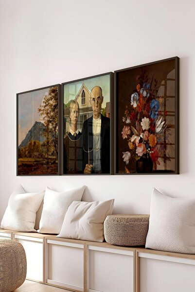 Postifull Vintage Tablo Seti, 3 Adet Siyah Çerçeve ve Poster - Yatak Odası, Mutfak, Salon Duvar Dekoru