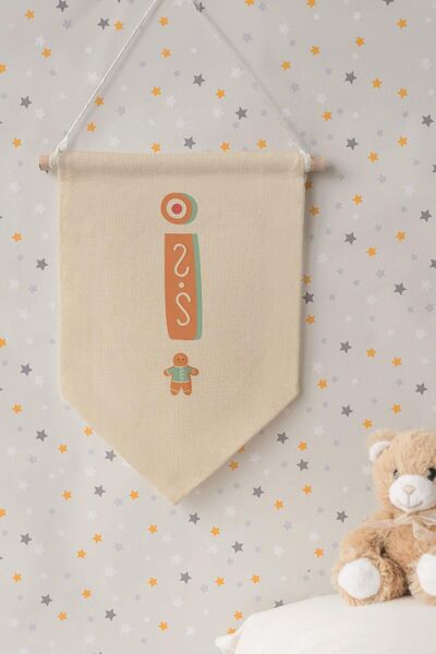 Postifull Children's Room Decor, Wall Ornament, Wooden Baby Room Decor, Canvas Pennant, Orange Cookie Pattern I Har