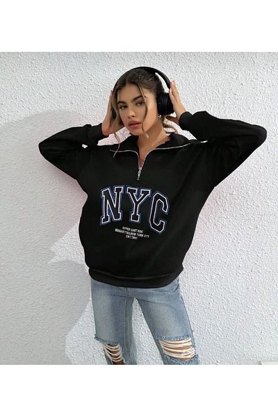 BYMEER Hanorac negru cu fermoar cu guler ridicat cu imprimeu Nyc