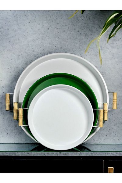 kitchen trend 3 Pieces 45,37,30 Cm Metal Tray with Wooden Handle Presentation Tray Set