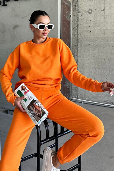 MODAGEN Unisex Turuncu Bisiklet Yaka Düz Oversize Alt-Üst Eşofman Takımı