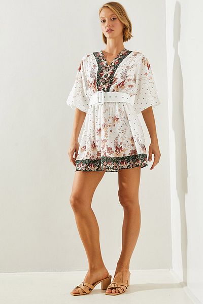 Bianco Lucci V-neck Belted Patterned Women's Mini Dress - 22251 60251721