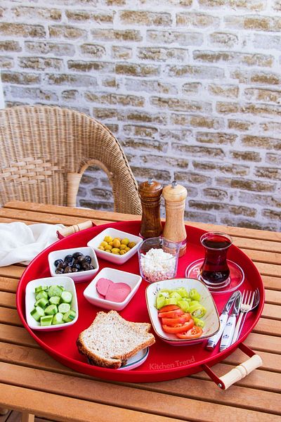 kitchen trend Set of 2 45 cm Red Metal Tray with Wooden Handles and 37 Cm Green Coffee Presentation Tray