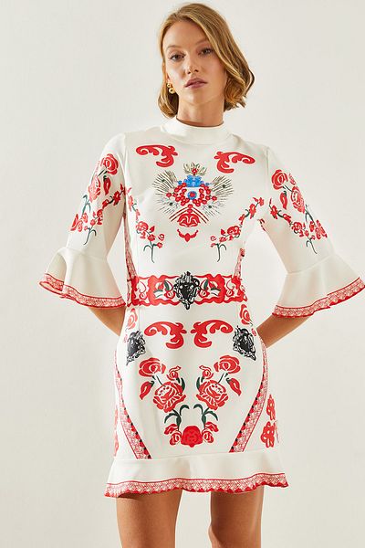 Bianco Lucci Ethnic Patterned Sleeve Detailed Mini Women's Dress - 21800 60251734
