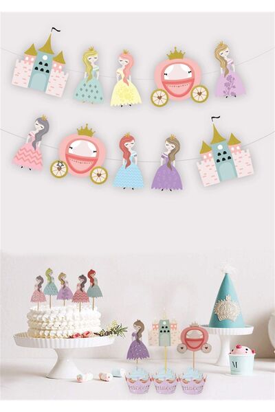 Partifabrik Prensesler Şato Temalı Banner Duvar Süsü Kürdan Seti