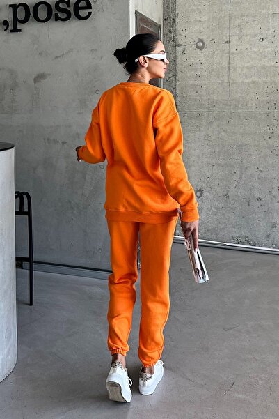 MODAGEN Unisex Turuncu Bisiklet Yaka Düz Oversize Alt-Üst Eşofman Takımı