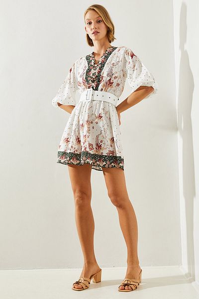 Bianco Lucci V-neck Belted Patterned Women's Mini Dress - 22251 60251721