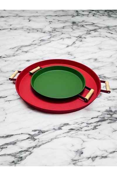 kitchen trend Set of 2 45 cm Red Metal Tray with Wooden Handles and 37 Cm Green Coffee Presentation Tray