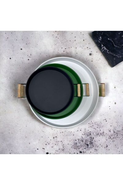kitchen trend 3 Lü 45beyaz, 37yeşil, 30siyah Ahşap Kulplu Metal Tepsi Çay Tep...