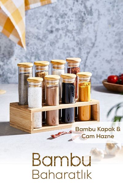 Vienev Set of 8 Bamboo Glass Spice Rack with Stand