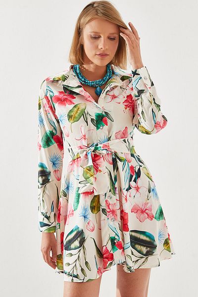 Bianco Lucci JewelleD Button anD BelteD Floral Print Shirt Collar Mini Dress - 19329 60251736