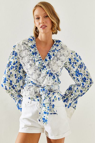 Bianco Lucci Bluză de damă cu model floral - Detaliu scoici, legată 21200 60251745