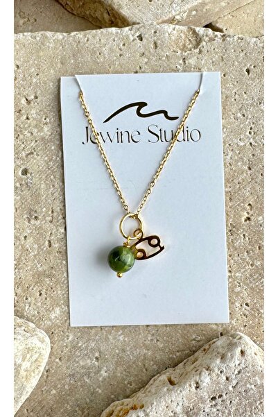 jewine studio Yengeç Burcu Sembollü ve Yeşim Doğal Taşlı Çelik Kolye