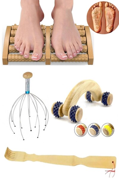 Hyd Ahşap Masaj Seti Boyun Sırt Ayak Kafa Masaj Aleti Ve Ahsaşp Sırt Kaşıma Aleti 4'lü Set