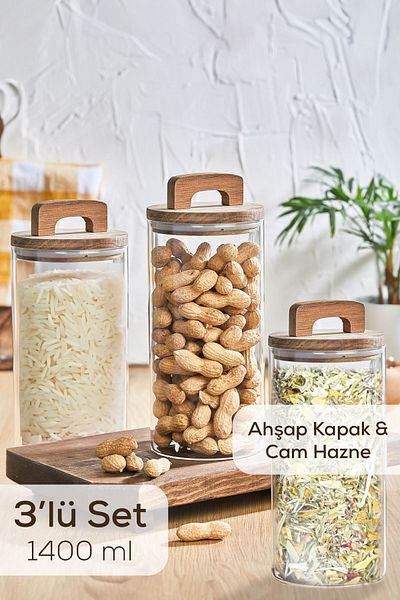 Vienev 3-Piece 1400 ml Jar with Wooden Lid and Holder