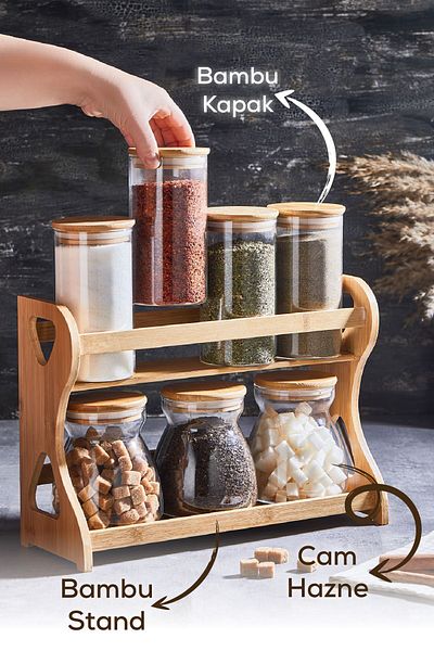 Vienev 7-piece Bamboo Glass Spice Rack Stand Set