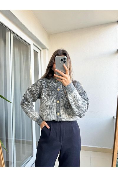 EnModaStyle Gold Buttoned Cardigan with Feathers