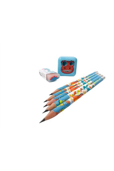 MLS KURUMSAL Dinosaur Patterned Adel Stationery Set - Pencil, Eraser and Pencil Sharpener 7 Pieces